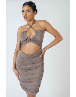 Slinky Loop Ruching Tie Midi Dress Mink Grey