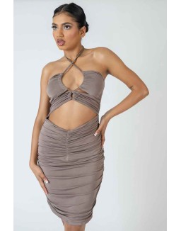 Slinky Loop Ruching Tie Midi Dress Mink Grey