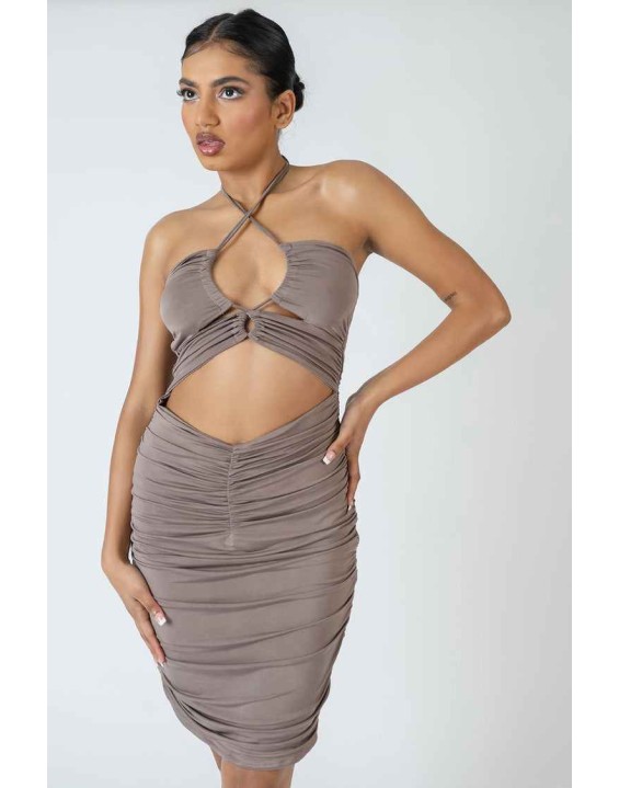Slinky Loop Ruching Tie Midi Dress Mink Grey