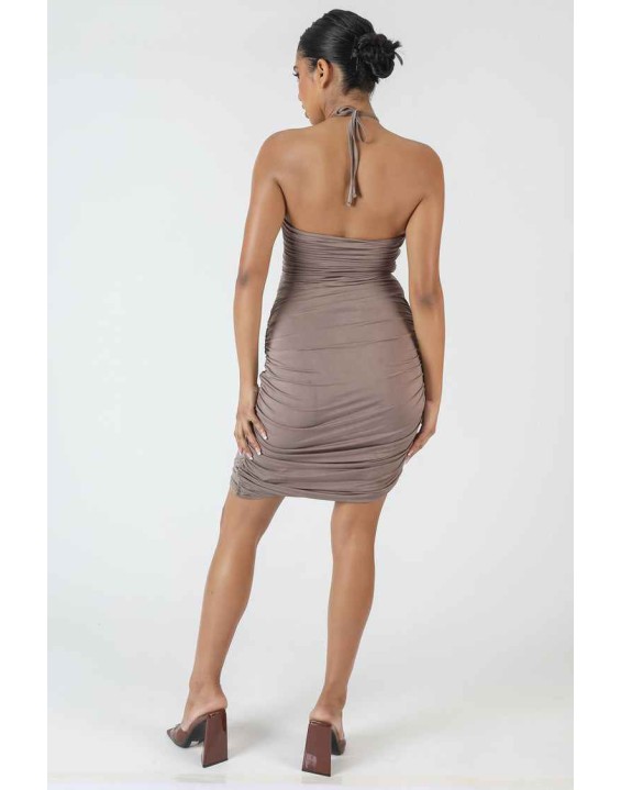 Slinky Loop Ruching Tie Midi Dress Mink Grey