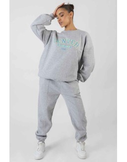 Oversized Fit Denver Print Seam Detail Joggers Grey