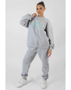 Oversized Fit Denver Print Seam Detail Joggers Grey
