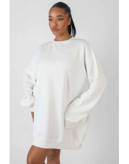 Oversized Embroidered Tonal Sweatshirt Dress Ecru