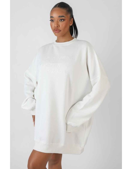 Oversized Embroidered Tonal Sweatshirt Dress Ecru