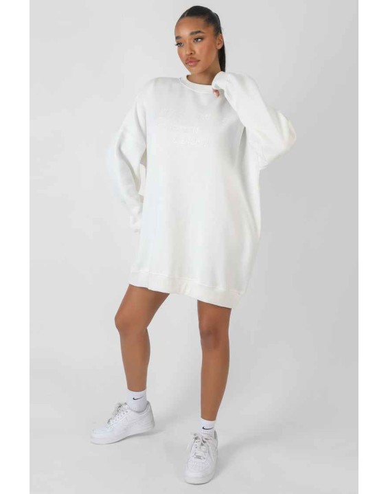Oversized Embroidered Tonal Sweatshirt Dress Ecru