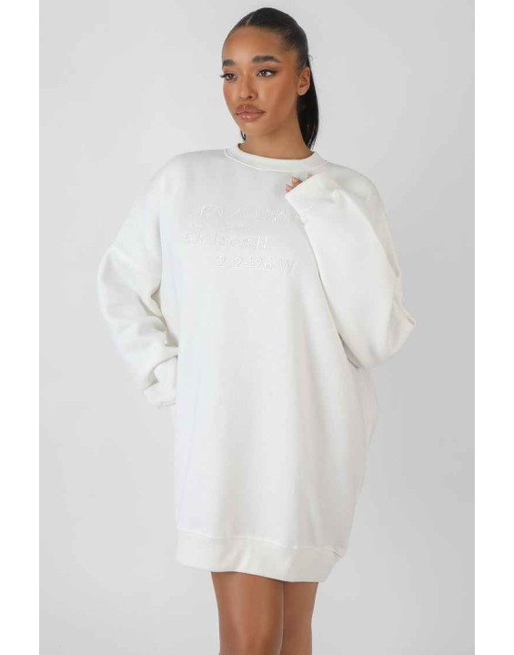 Oversized Embroidered Tonal Sweatshirt Dress Ecru