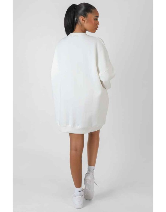 Oversized Embroidered Tonal Sweatshirt Dress Ecru