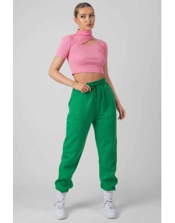 High Neck Ribbed Cut Out Cropped T Shirt Pink