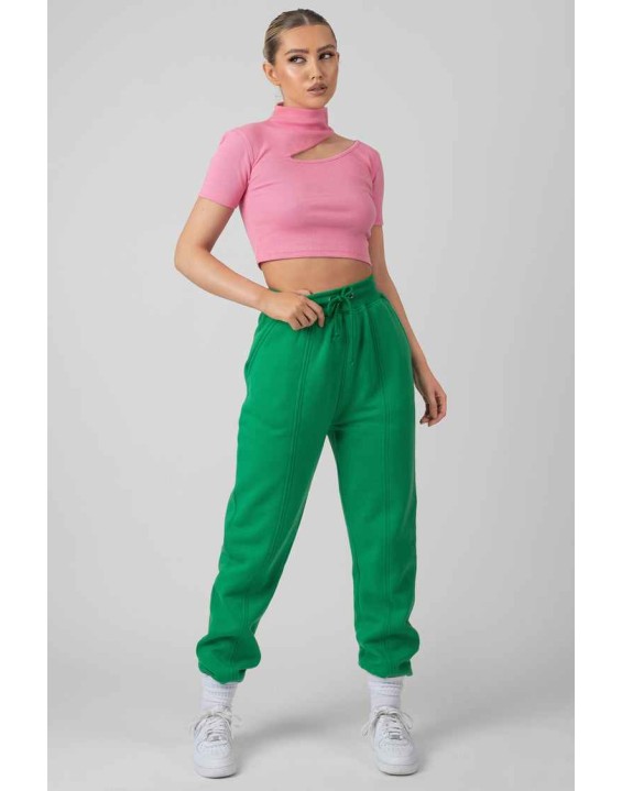 High Neck Ribbed Cut Out Cropped T Shirt Pink