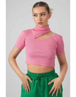 High Neck Ribbed Cut Out Cropped T Shirt Pink