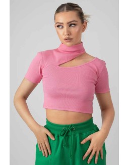 High Neck Ribbed Cut Out Cropped T Shirt Pink
