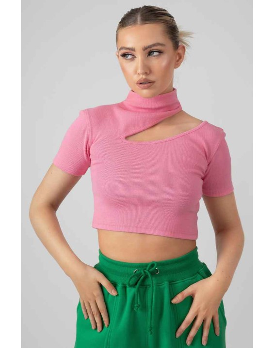 High Neck Ribbed Cut Out Cropped T Shirt Pink