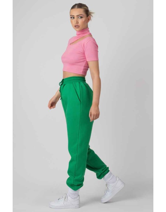High Neck Ribbed Cut Out Cropped T Shirt Pink
