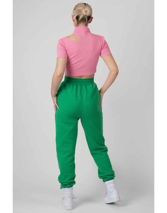 High Neck Ribbed Cut Out Cropped T Shirt Pink
