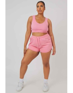 Curve Elasticated Waist Sweat Scoop Neck Crop Top Pink