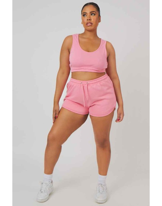 Curve Elasticated Waist Sweat Scoop Neck Crop Top Pink