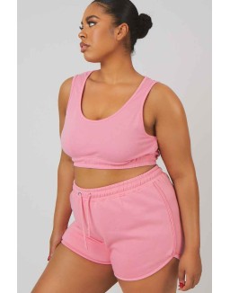 Curve Elasticated Waist Sweat Scoop Neck Crop Top Pink