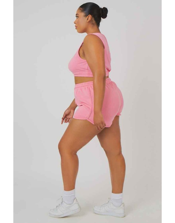 Curve Elasticated Waist Sweat Scoop Neck Crop Top Pink