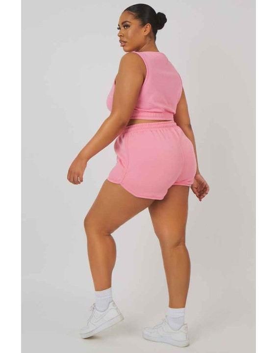 Curve Elasticated Waist Sweat Scoop Neck Crop Top Pink