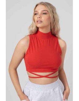 High Neck Strappy Waist Crop Top Red