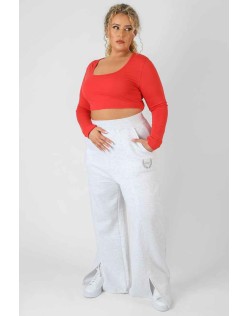 Curve Scoop Neck Long Sleeve Crop Top Red