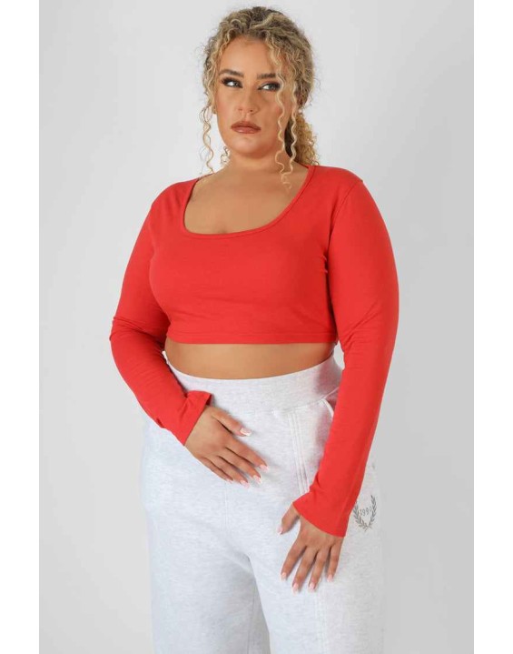Curve Scoop Neck Long Sleeve Crop Top Red