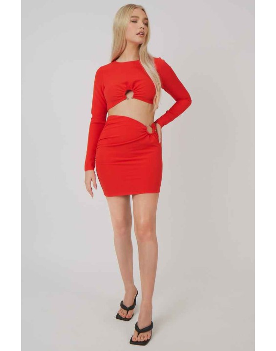 Loop Ruched Metal Hardware Mini Skirt Red