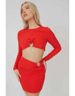 Loop Ruched Metal Hardware Mini Skirt Red