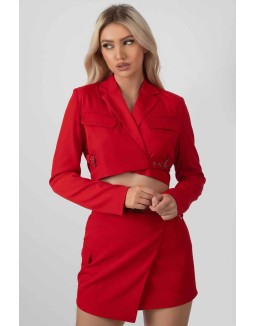 Buckle Detail Cropped Blazer Red