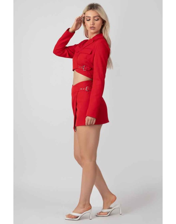 Buckle Detail Cropped Blazer Red
