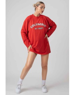 Columbia Slogan Long Sleeved T-Shirt Dress Red