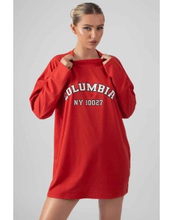 Columbia Slogan Long Sleeved T-Shirt Dress Red