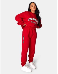 Oversized Columbia Embroidered Slogan 90S Joggers Red