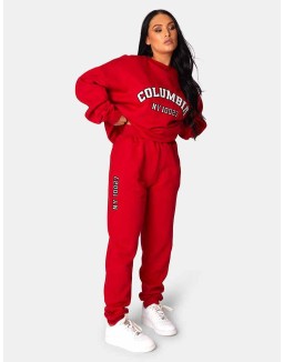 Oversized Columbia Embroidered Slogan 90S Joggers Red