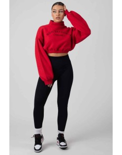 Oversized High Neck Embroidered Slogan Cropped Sweatshirt Red