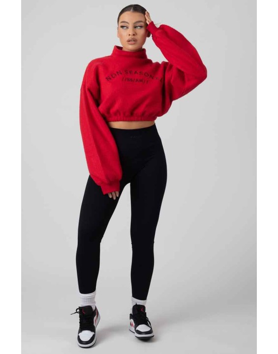 Oversized High Neck Embroidered Slogan Cropped Sweatshirt Red