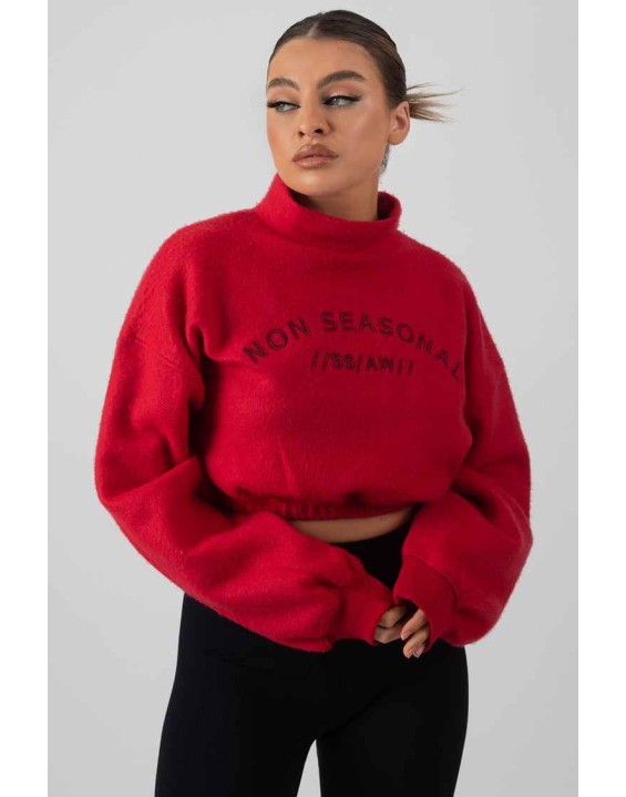 Oversized High Neck Embroidered Slogan Cropped Sweatshirt Red