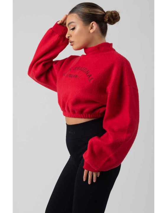 Oversized High Neck Embroidered Slogan Cropped Sweatshirt Red