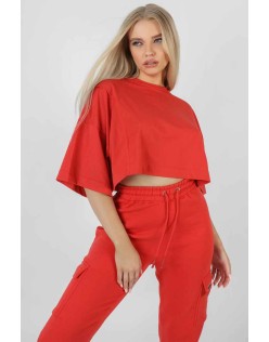 Exposed Seam Oversized Cropped T-Shirt Red