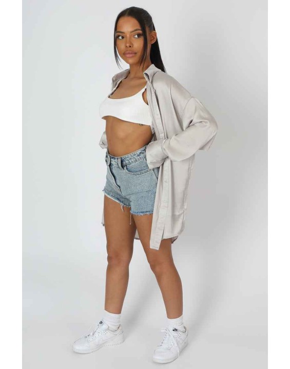 Oversized Satin Shirt Silver