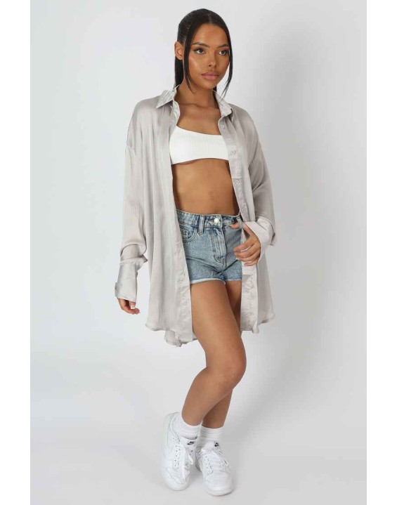 Oversized Satin Shirt Silver