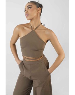 Halterneck Waist Strapping Crop Top Taupe