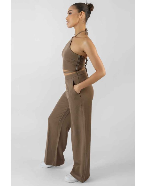 High Waist Wide Leg Trouser Taupe