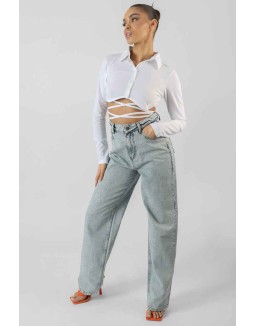 Strappy Tie Waist Cropped Polo Shirt White