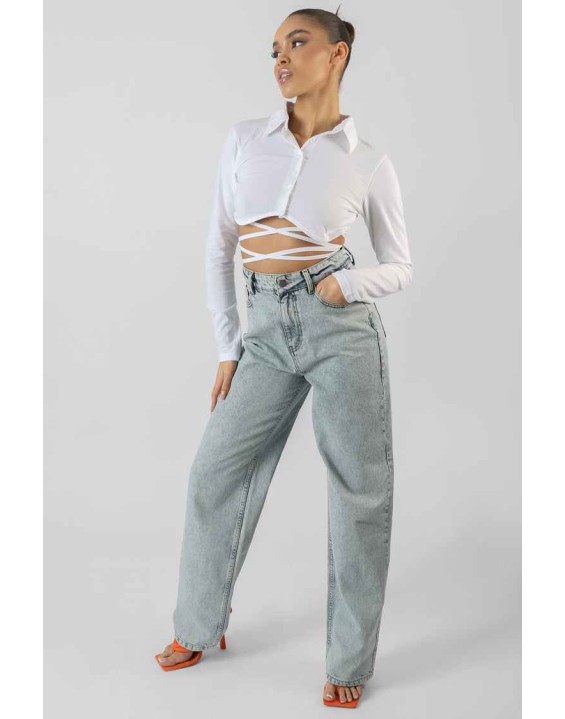 Strappy Tie Waist Cropped Polo Shirt White