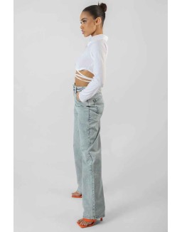 Strappy Tie Waist Cropped Polo Shirt White