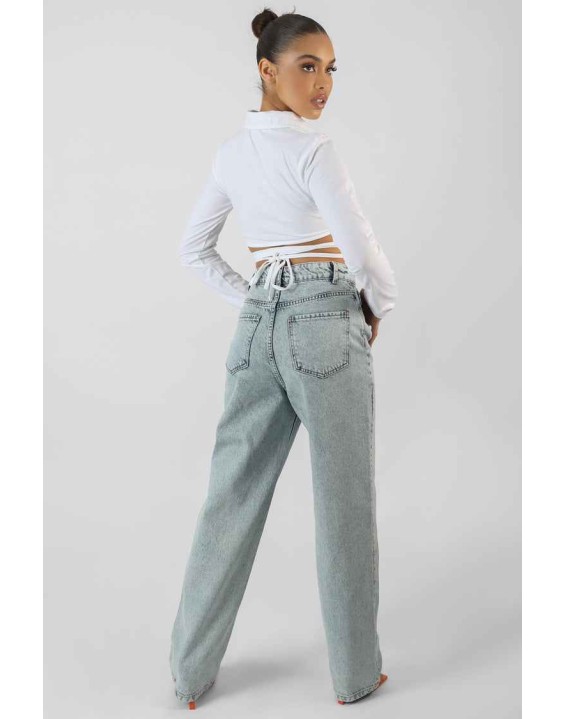 Strappy Tie Waist Cropped Polo Shirt White