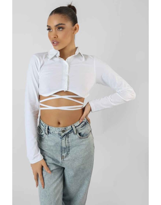 Strappy Tie Waist Cropped Polo Shirt White