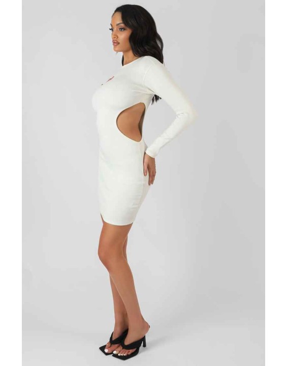 Ribbed Cut Out Waist Dress Ivory