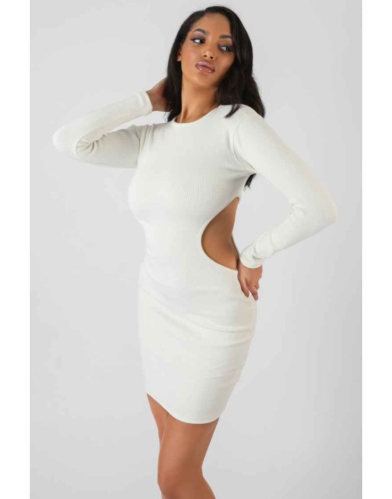 Ribbed Cut Out Waist Dress Ivory